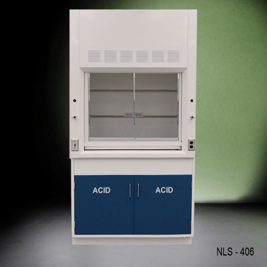 Front view of Fisher American 4 Foot Fume Hood with blue acid cabinets