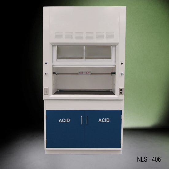 Front view of Fisher American 4 Foot Fume Hood with blue acid cabinets