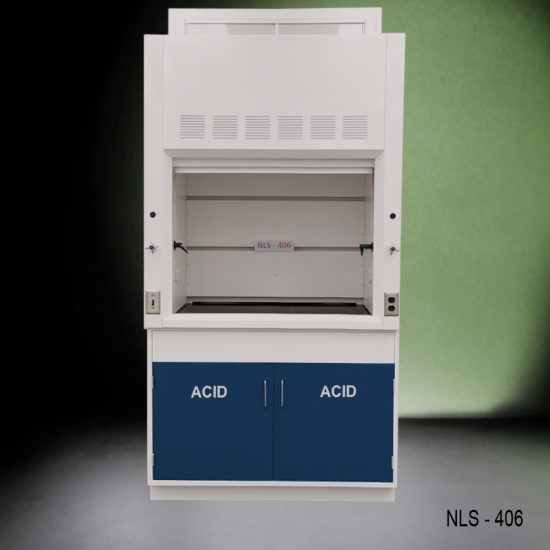 Front view of Fisher American 4 Foot Fume Hood with blue acid cabinets