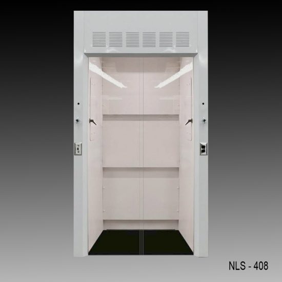 Front view of a 4 foot Fisher American Walk-In fume hood with 1 gas valve and 2 vertical sliding doors