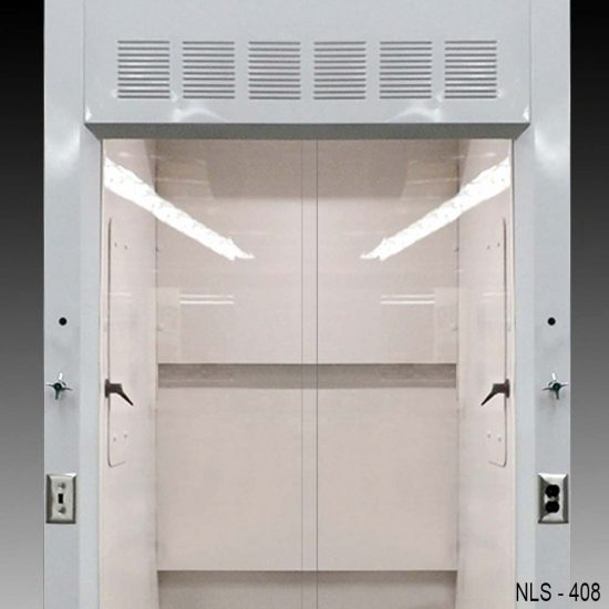 Close up view of a 4 foot Fisher American Walk-In fume hood with light on/off switch, one AC power plug, one cold water valve