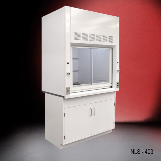 4-foot fume hood mounted on a cabinet with two doors. The fume hood is set against a red and black gradient background.