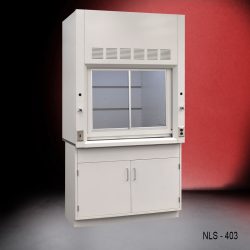 4-ft laboratory fume hood mounted on a cabinet with two doors. The fume hood is set against a red and black gradient background.