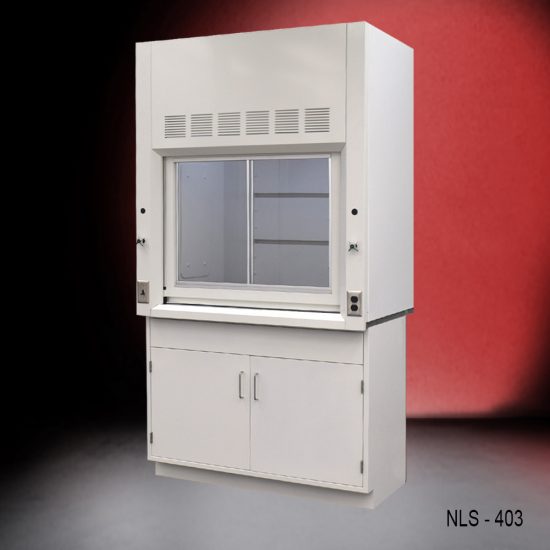 4-foot laboratory fume hood mounted on a cabinet with two doors. The fume hood is set against a red and black gradient background.