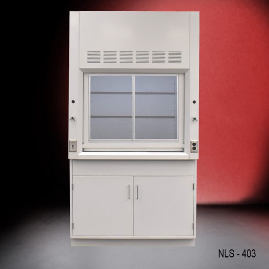 Laboratory fume hood with the sash window open to a workable height, mounted on a cabinet with two doors. The fume hood is set against a red and black gradient background.