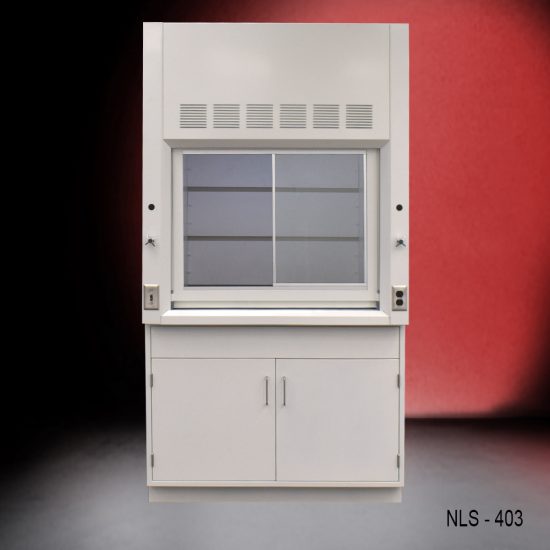 White laboratory fume hood with the sash window open to a workable height, mounted on a cabinet with two doors. The fume hood is set against a red and black gradient background.