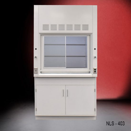 White laboratory fume hood, model NLS-416, with the sash window open to a workable height, mounted on a cabinet with two doors. The fume hood is set against a red and black gradient background.