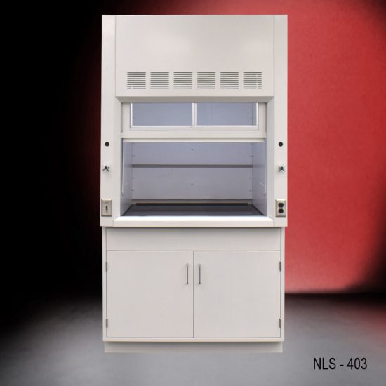 Front view of a white laboratory fume hood, model NLS-416, with the sash window open to a workable height, mounted on a cabinet with two doors. The fume hood is set against a red and black gradient background.