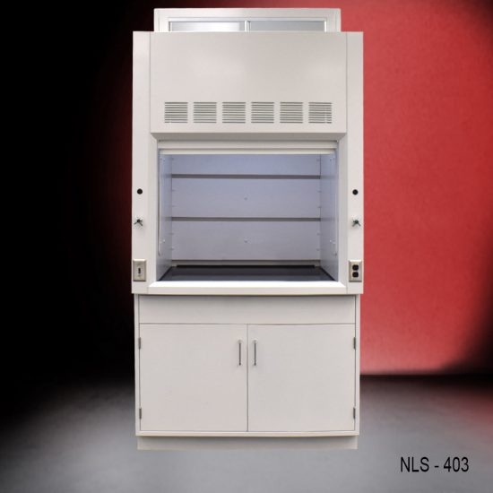 Frontal view of a white laboratory fume hood, model NLS-416, with the sash window open to a workable height, mounted on a cabinet with two doors. The fume hood is set against a red and black gradient background.