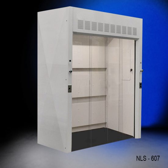 freestanding laboratory enclosure with a clear glass door,