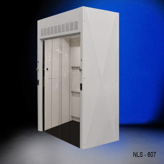 freestanding laboratory enclosure with a clear glass door, marked with "NLS - 607" at the bottom right corner.