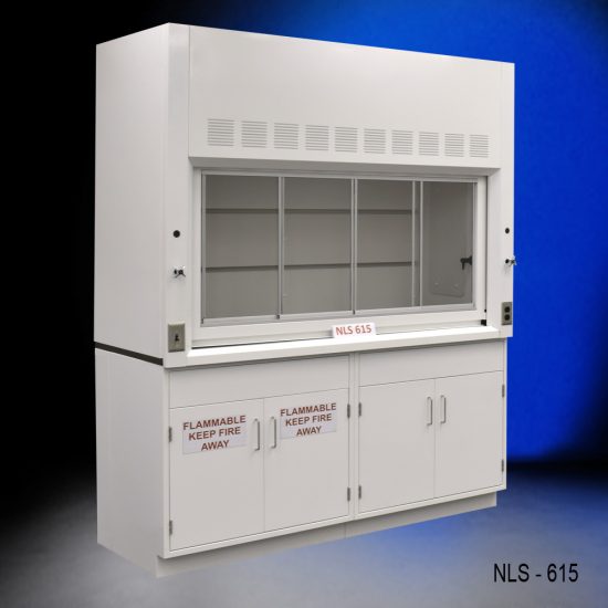 Angled view of 6' Fisher American Fume Hood with one flammable cabinet and one general storage cabinet