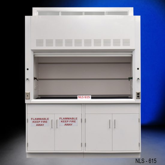 Front view of 6' Fisher American Fume Hood with one flammable cabinet and one general storage cabinet