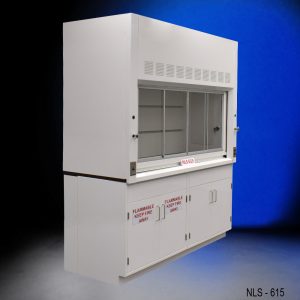 Angled view of 6' Fisher American Fume Hood with one flammable cabinet and one general storage cabinet