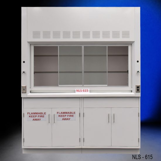 Front view of 6' Fisher American Fume Hood with one flammable cabinet and one general storage cabinet