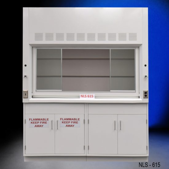 Front view of 6' Fisher American Fume Hood with one flammable cabinet and one general storage cabinet