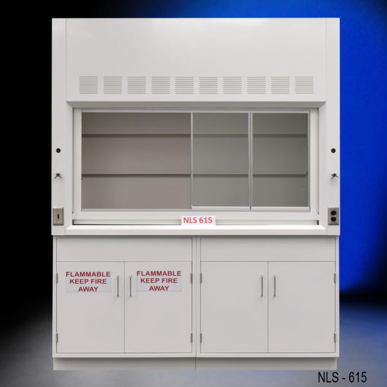 Front view of 6' Fisher American Fume Hood with one flammable cabinet and one general storage cabinet