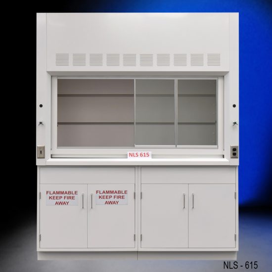 Front view of 6' Fisher American Fume Hood with one flammable cabinet and one general storage cabinet