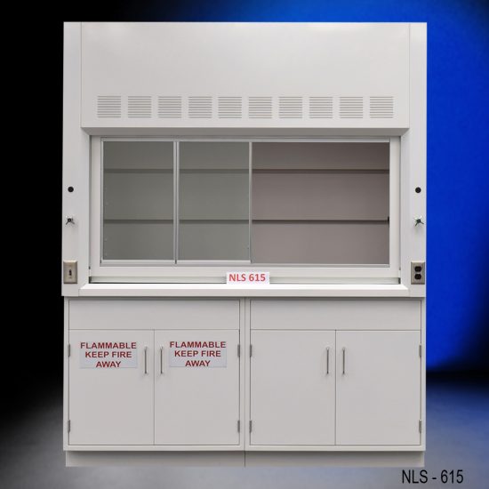 Front view of 6' Fisher American Fume Hood with one flammable cabinet and one general storage cabinet