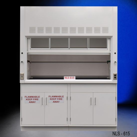 Front view of 6' Fisher American Fume Hood with one flammable cabinet and one general storage cabinet