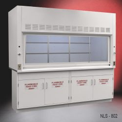 A 8 foot laboratory fume hood with the sash window partially open, revealing the interior baffle system, and flanked by four safety storage cabinets with 'FLAMMABLE KEEP FIRE AWAY' warning labels, set against a red gradient background."