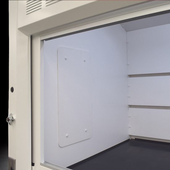 Interior view of a white laboratory fume hood, model NLS-802, showcasing the smooth interior surface with no visible joints, a white back baffle with distinct slots, and an open transparent sash.