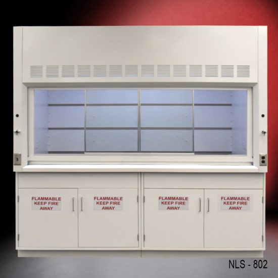 A laboratory fume hood with the sash window half open, and flanked by four safety storage cabinets with 'FLAMMABLE KEEP FIRE AWAY' warning labels, set against a red gradient background.