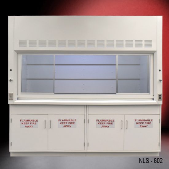 A laboratory fume hood with the sash window half open, revealing the interior baffle system.