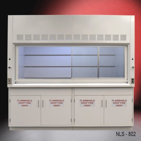 A laboratory fume hood with the sash window half open, revealing the interior baffle system, and flanked by four safety storage cabinets with 'FLAMMABLE KEEP FIRE AWAY' warning labels, set against a red gradient background.