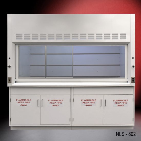 A laboratory fume hood with the sash window partially open, revealing the interior baffle system, and flanked by four safety storage cabinets with 'FLAMMABLE KEEP FIRE AWAY' warning labels, set against a red gradient background."