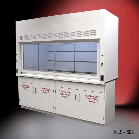 Wide-angle view of a white laboratory fume hood, model NLS-802, featuring a large transparent sash window and equipped with storage cabinets below marked with 'FLAMMABLE KEEP FIRE AWAY' labels, presented against a red to black gradient background.