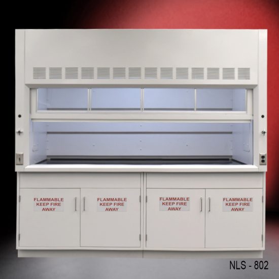 A laboratory fume hood, model NLS-802, with the sash window partially open, revealing the interior baffle system, and flanked by four safety storage cabinets with 'FLAMMABLE KEEP FIRE AWAY' warning labels, set against a red gradient background."