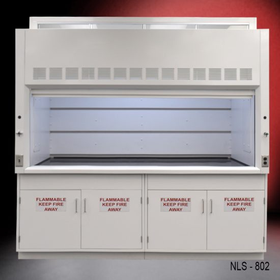 Front view of a white laboratory fume hood, model NLS-802, with four lower storage cabinets labeled 'FLAMMABLE KEEP FIRE AWAY', and the hood's large sash window closed, set against a red background.