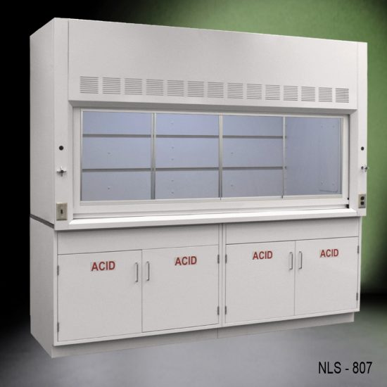 Full Wide Left corner Front view of 8' Fisher American Fume Hood with acid Storage Cabinets