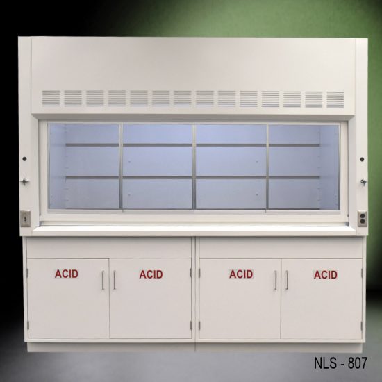 Full Wide Front view of 8' Fisher American Fume Hood with acid Storage Cabinets
