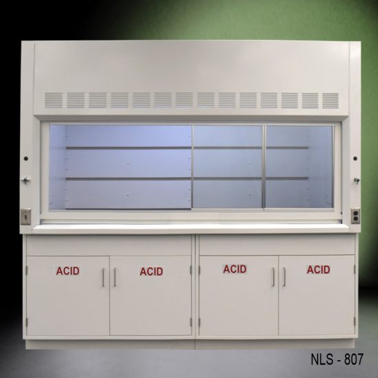 Full Wide Front view of 8' Fisher American Fume Hood with ACID Storage Cabinets with doors open to right side
