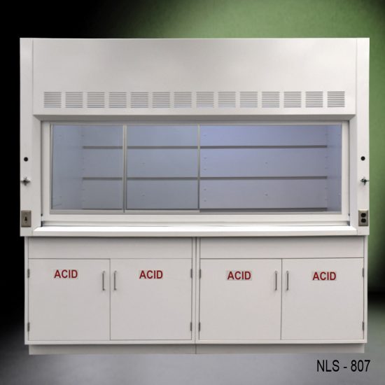 Full Wide Front view of 8' Fisher American Fume Hood with ACID Storage Cabinets