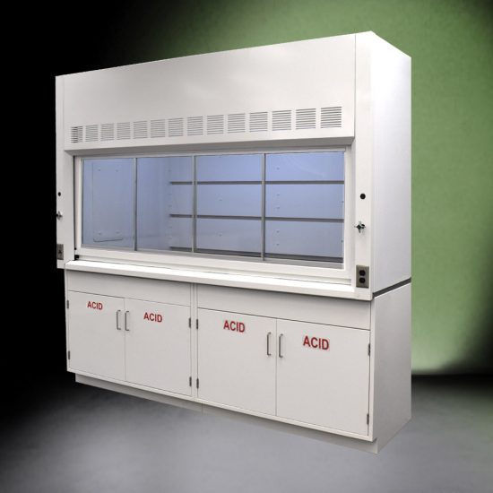 Full Wide Right Corner Front view of 8' Fisher American Fume Hood w/ ACID Storage Cabinets