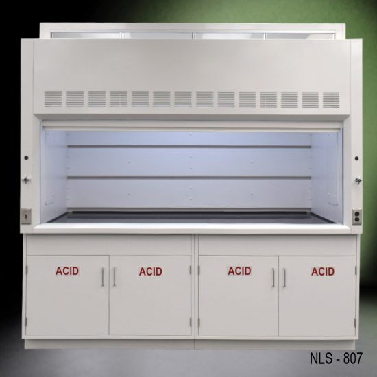 Full Wide Front view of 8' Fisher American Fume Hood w/ ACID Storage Cabinets
