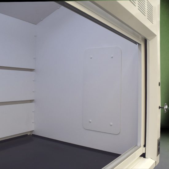 inside right corner view of 8' Fisher American Fume Hood w/ ACID Storage Cabinets