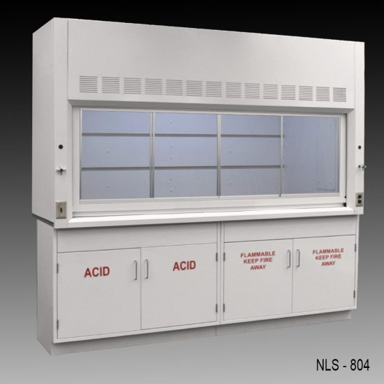 8-foot laboratory fume hood with a closed sash window and a distinctive back baffle with slots for airflow, set against a light grey surface. Flanked by two acid cabinets and two flammable safety cabinets.