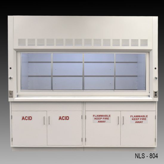 8-foot white laboratory fume hood with a closed sash window and a distinctive back baffle with slots for airflow, set against a light grey surface. Flanked by two acid cabinets and two flammable safety cabinets.