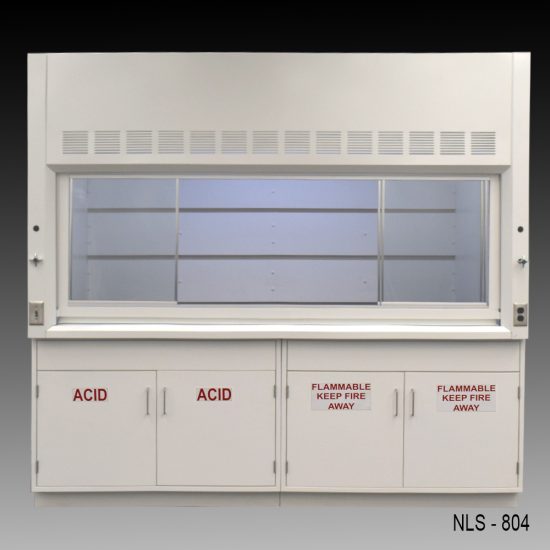 8-ft white laboratory fume hood, model NLS-824, with a closed sash window and a distinctive back baffle with slots for airflow, set against a light grey surface. Flanked by two acid cabinets and two flammable safety cabinets.