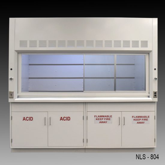 8-foot white laboratory fume hood, model NLS-824, with a closed sash window and a distinctive back baffle with slots for airflow, set against a light grey surface. Flanked by two acid cabinets and two flammable safety cabinets.