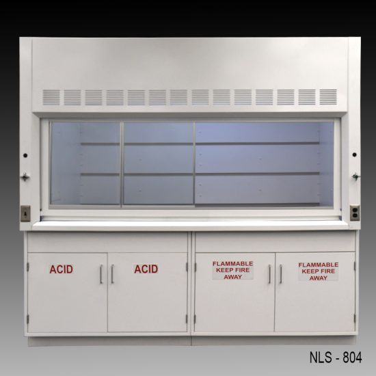 8-foot white laboratory fume hood, model NLS-824, with a closed sash window and a distinctive back baffle with slots for airflow, set against a light grey surface.