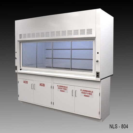 Angled view of a 8-ft white laboratory fume hood, model NLS-824, with a closed sash window and a distinctive back baffle with slots for airflow, set against a light grey surface.