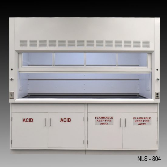Front view of a 8-ft white laboratory fume hood, model NLS-824, with a closed sash window and a distinctive back baffle with slots for airflow, set against a light grey surface.