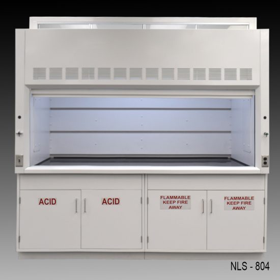 Front view of a 8-foot white laboratory fume hood, model NLS-824, with a closed sash window and a distinctive back baffle with slots for airflow, set against a light grey surface.