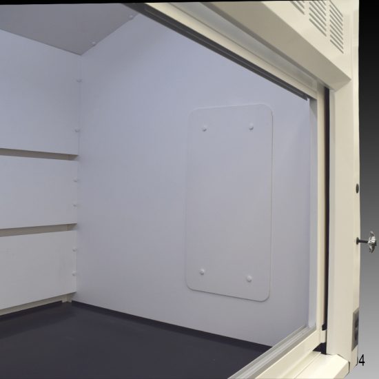 Interior angle showing the detail of a 8-foot white laboratory fume hood, model NLS-824, with a closed sash window and a distinctive back baffle with slots for airflow, set against a light grey surface.