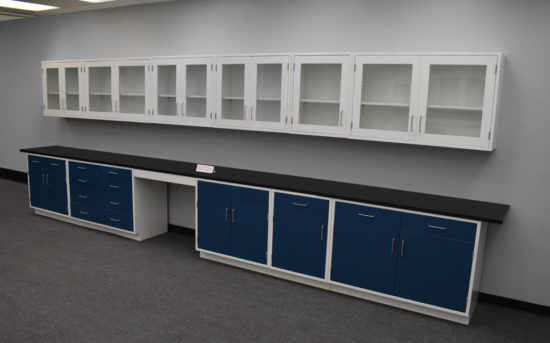 Used blue laboratory cabinets from National Laboratory Sales.